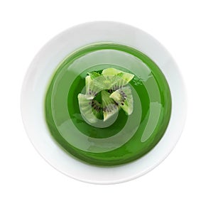 Delicious green jelly with kiwi slices on white background, top