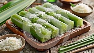 Delicious Green Kueh Seri Muka on Wooden Tray with Grated Coconut, Traditional Malaysian Snack on Rustic Table