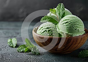 Delicious green mint ice cream in a wooden bowl