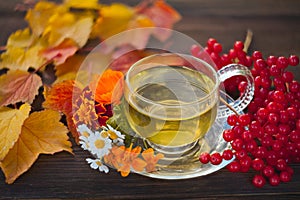 Delicious autumn tea in a beautiful glass bowl on a table photo
