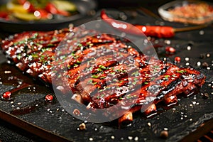 Delicious Grilled Barbecue Ribs with Glaze, Red Chili Pepper, and Sesame Seeds on a Dark Stone Background