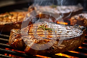 Delicious grilled beef steak with crosshatch pattern on a rack cooked on open fire. Traditional American cuisine holiday food