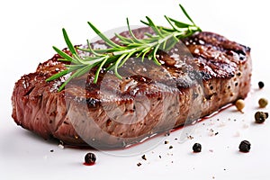 delicious Grilled big steak meat with rozemary and peper on a white background photo