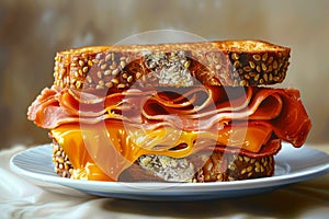 Delicious Grilled Cheese Sandwich with Ham on White Plate Gourmet Breakfast Meal Close up