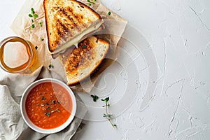 Delicious grilled cheese sandwich with tomato soup and a beverage on a white background