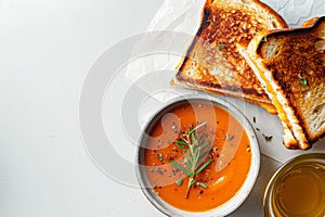 Delicious grilled cheese sandwich with tomato soup on a white background