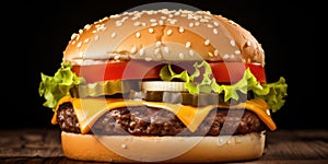 Delicious Grilled Cheeseburger with Beef, Lettuce, Tomato, Onion, and Cheese on Sesame Bun - Tasty American Fast Food