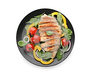 Delicious grilled chicken with fresh vegetables and spinach isolated on white, top view