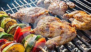 delicious grilled chicken meat shish kebob or kabob with vegetables on barbecue grill with smoke and flames. popular outdoor