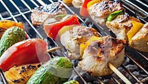 delicious grilled chicken meat shish kebob or kabob with vegetables on barbecue grill with smoke and flames. popular outdoor