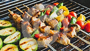 delicious grilled chicken meat shish kebob or kabob with vegetables on barbecue grill with smoke and flames. popular outdoor