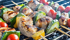 delicious grilled chicken meat shish kebob or kabob with vegetables on barbecue grill with smoke and flames. popular outdoor