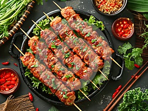 Delicious Grilled Chicken Skewers with Spices and Herbs on a Dark Plate, BBQ Cookout Food photo