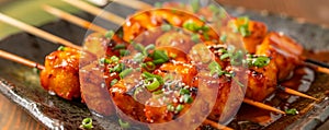 Delicious Grilled Chicken Skewers Topped with Sesame Seeds and Green Onions on Wooden Plate, Japanese Yakitori Cuisine Concept