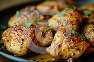 Delicious grilled chicken thighs garnished with herbs on a plate
