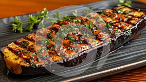 Delicious Grilled Eggplant with Herbs and Balsamic Glaze Served on a Ceramic Platter with Rustic Wooden Background