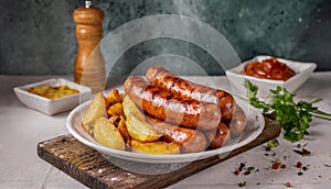 Delicious grilled german bratwurst sausages and fried potatoes food photography
