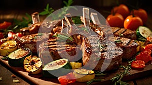 Delicious grilled marinated lamb chops and roasted vegetables from a summer BBQ on a wooden chopping board in a country kitchen.