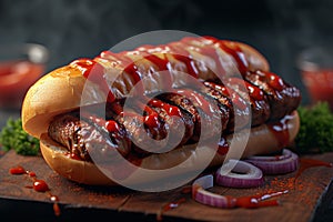 Delicious grilled meat sandwich with ketchup, onion, and a smoky aroma