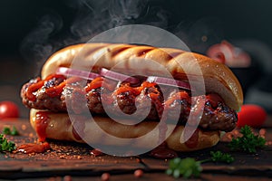 Delicious grilled meat sandwich with ketchup, onion, and a smoky aroma