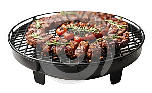 Delicious grilled meat with vegetables on barbecue grill, isolated