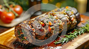 Delicious Grilled Meatloaf with Fresh Herbs and Bell Peppers on Wooden Cutting Board Gourmet Meal for Food Enthusiasts