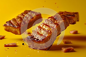 Delicious Grilled Pork Belly on Vibrant Yellow Background, Juicy Barbecue Meat Slices with Charred Edges and Bacon Bits