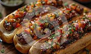 Delicious grilled sausage and hot dog topped with fresh salsa