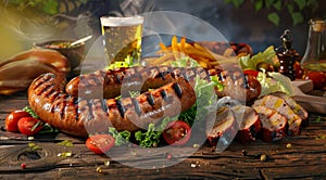 Delicious grilled sausages with french fries and vegetables