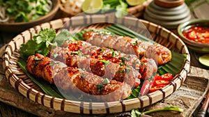 Delicious Grilled Sausages Seasoned with Fresh Herbs, Spices, and Chili Peppers on Rustic Wooden Table with Lime and Dipping Sauce