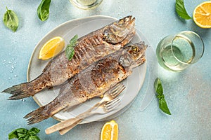 delicious grilled seabass fish with lemon and spices with white wine. banner, menu, recipe place for text, top view