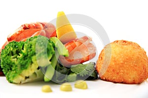 Delicious grilled seafood prawn shrimp food cuisine with broccoli on plate white background