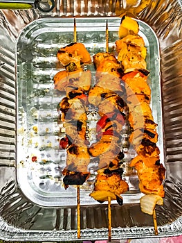 Delicious grilled shish kabobs with bell peppers and onions.