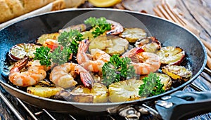 delicious grilled shrimp meat with vegetables and pineapple on barbecue grill with smoke and flames. popular outdoor summer