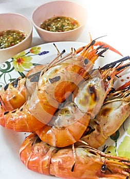 Delicious Grilled shrimps Fresh Prawns on white plate with seafood sauce. View from above