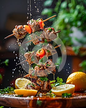 Delicious Grilled Skewers with Meat and Vegetables Seasoned with Herbs and Lemon Juice, Juicy Barbecue Concept with Copy Space