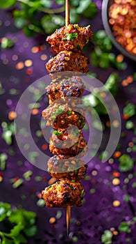 Delicious Grilled Spicy Meat Skewers with Seasoned Herbs and Red Pepper Flakes on Rustic Purple Background