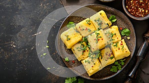 Delicious Gujarati Khaman Dhokla Snack Cake on Dark Background