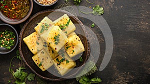 Delicious Gujarati Khaman Dhokla Snack Cake on Dark Background