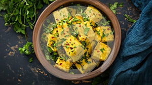 Delicious Gujarati Khaman Dhokla Snack Cake on Dark Background