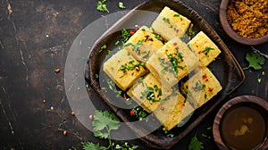 Delicious Gujarati Khaman Dhokla Snack Cake on Dark Background