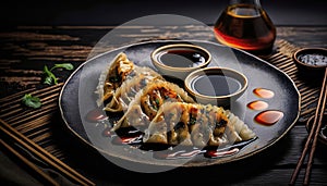 Delicious gyoza dumplings with soy sauce and chili oil on dark plates real photo dark background.