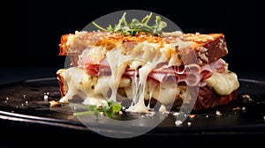 Delicious Ham And Cheese Grilled Sandwich On A Black Plate