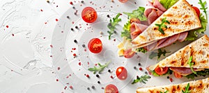 Delicious ham, cheese, and tomato triangle sandwich with salad on white background, copy space