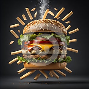Delicious Hamburger floating on air with cheese and tomato surrounded with french fries dark background