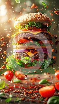 Delicious hamburger with flying ingredients. Generative AI