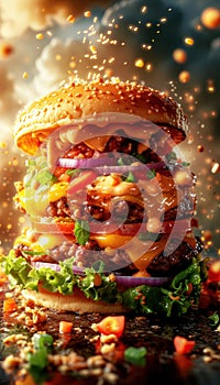 Delicious hamburger with flying ingredients. Generative AI