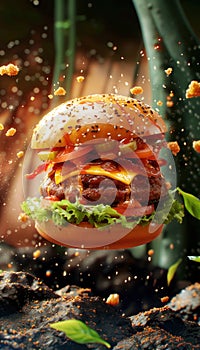 Delicious hamburger with flying ingredients. Generative AI