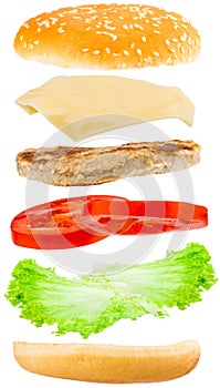 Delicious hamburger with flying ingredients on white background