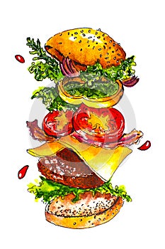 Delicious hamburger with flying ingredients on white background.